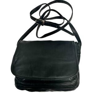 90s Black Leather Organizer Shoulder Bag – Multi-Compartment Crossbody Travel